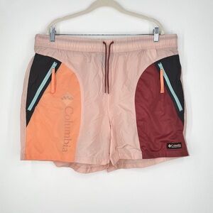 Columbia Men's Pink Peach Panel Swim Shorts with Orange and Burgundy Accents